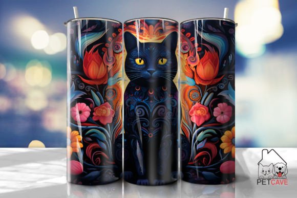 Black Cat and Flower Art Tumbler 5