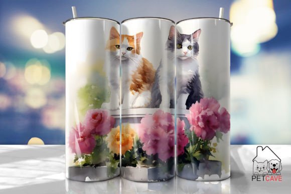 Cat Statues with Flowers Tumbler Wrap