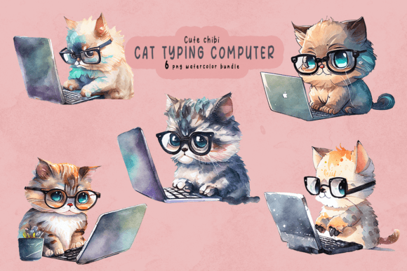 Cute Cat Typing Computer Clipart Bundle